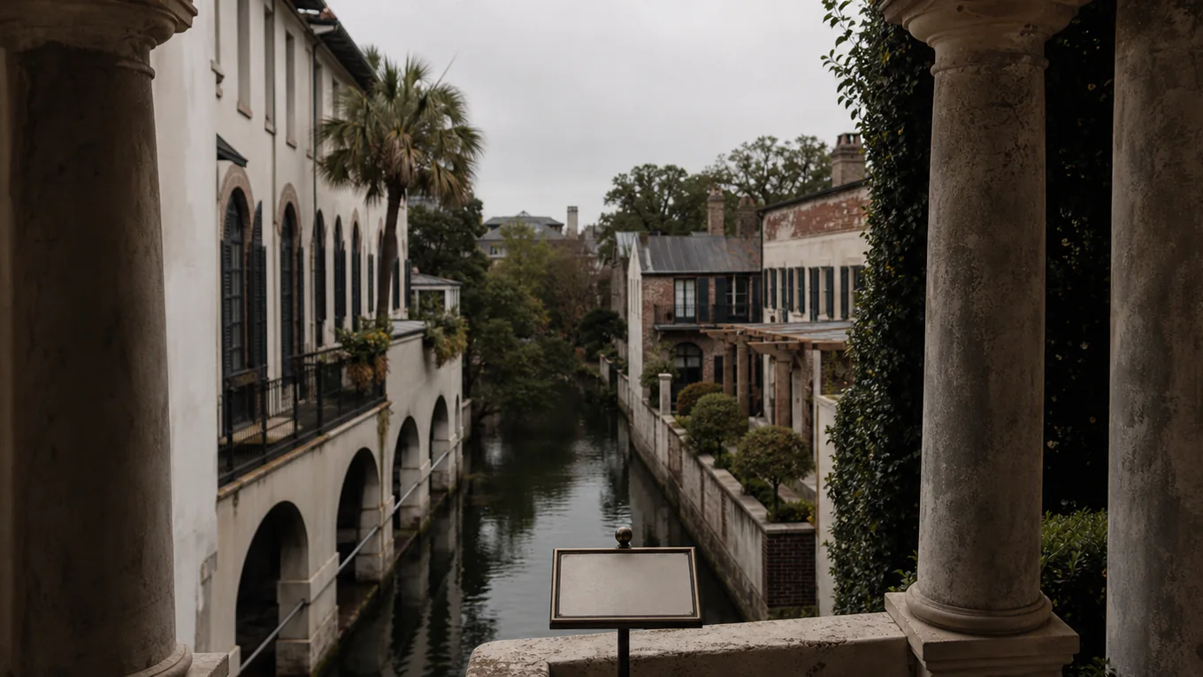Overcast Charleston canal and historic street geometry framed through an unoccupied courtyard arcade, with a blank wayfinding plaque and no readable text.