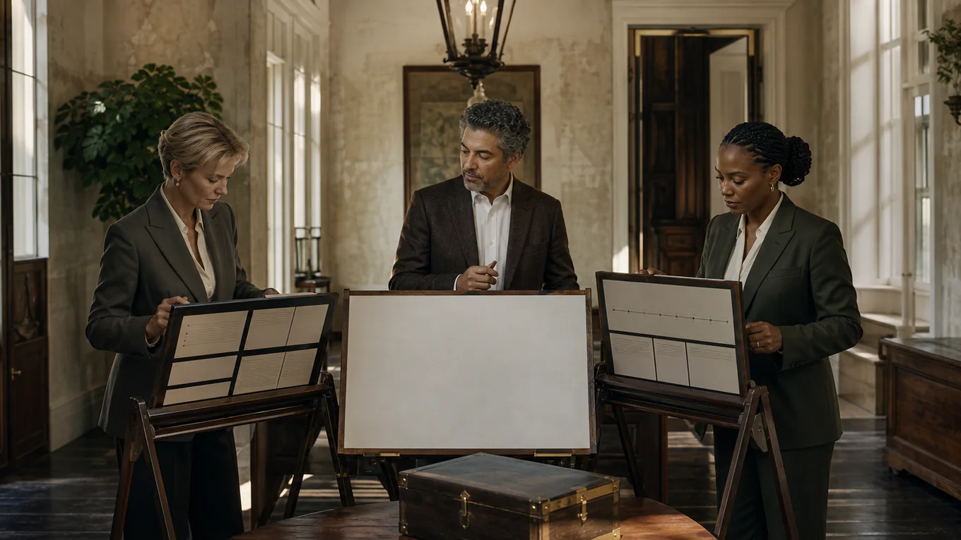 Three advisors work at separate standing stations in a layered Charleston conservation studio, connecting allocation, estate chronology, and succession planning through a blank master roadmap.