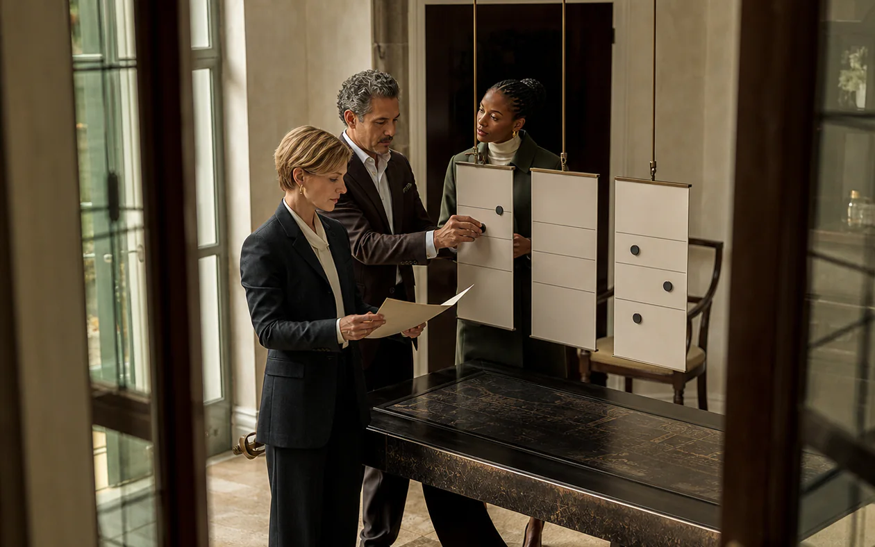 Three advisors stand in a conservatory workroom moving one blank policy marker across suspended allocation, risk-limit, and rebalancing-threshold panels.