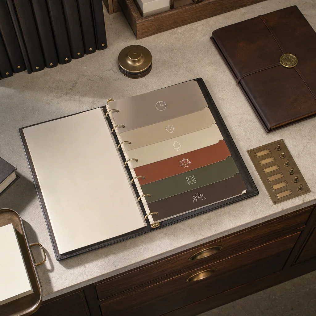 Overhead still life of blank allocation panels, an estate chronology, a governance marker, and a coordinated planning binder arranged on warm stone and dark wood.