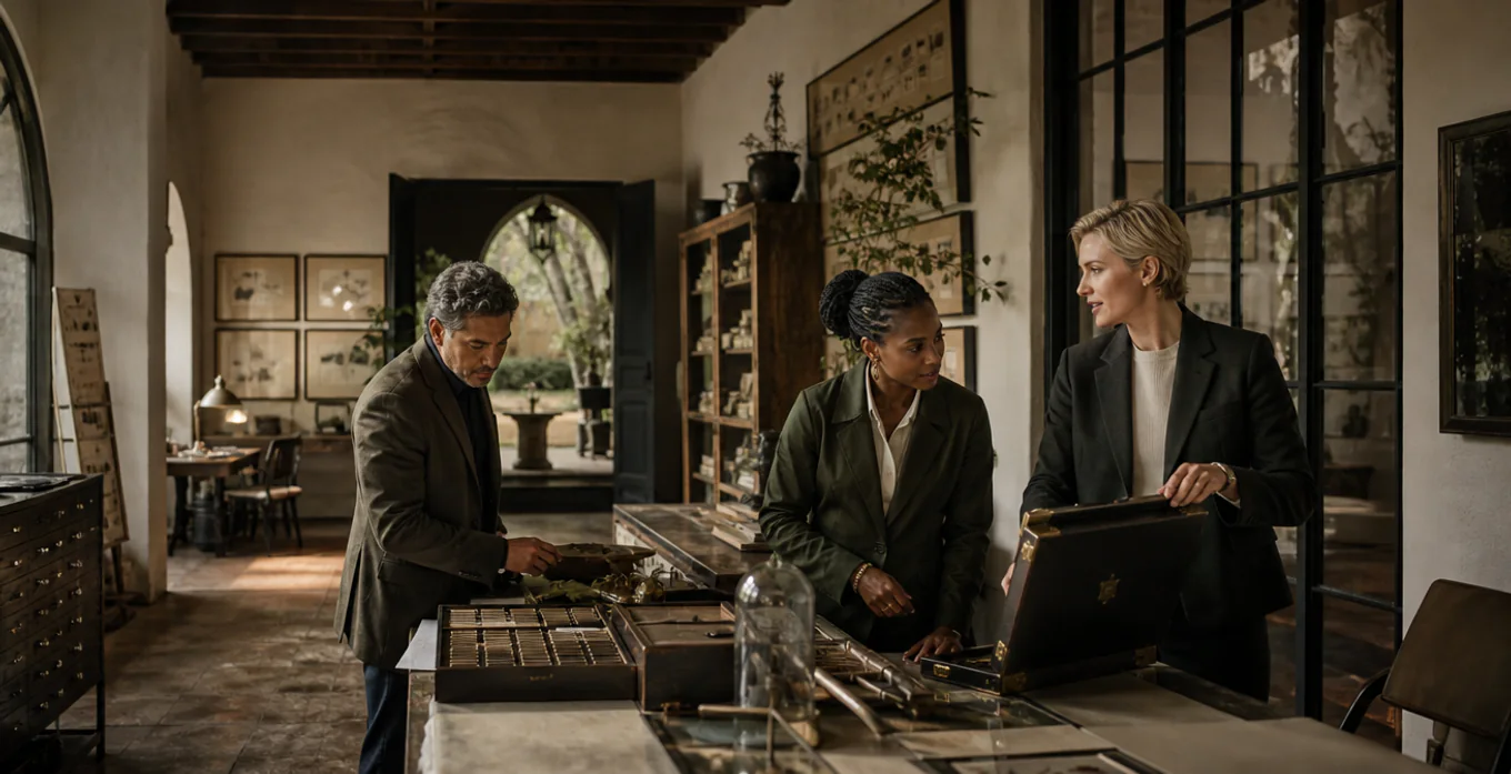 Three advisors confer across separate work stations in a softly lit Charleston conservation studio
